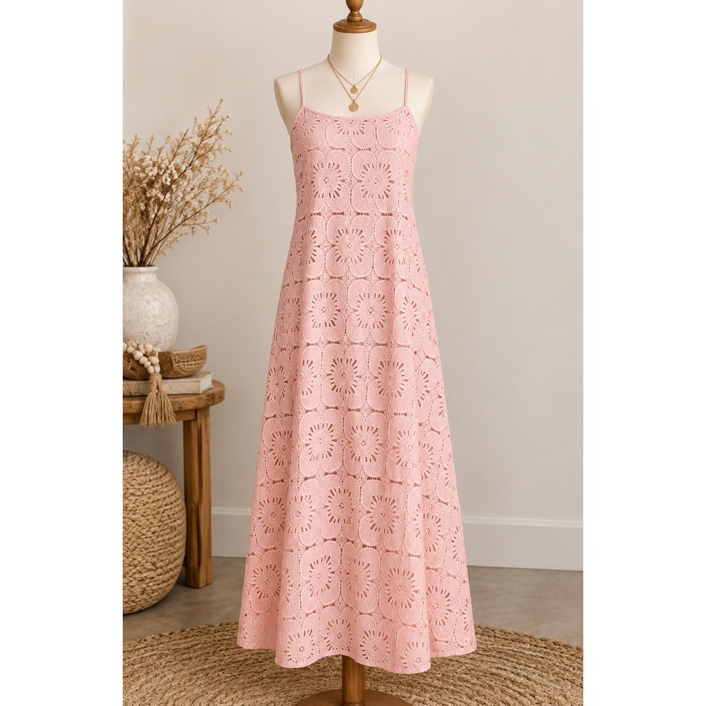 Pink Blush Floral Eyelet Lace Maxi Dress Sleeveless Spaghetti Strap Medium Boho
